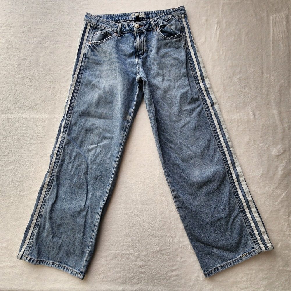 Rewash Wide Leg Jeans Womens 32W 29L Blue Side Stripe Denim Streetwear Y2K Relax